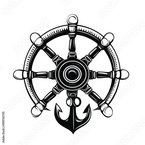 Nautical black helm and anchor label isolated on white. Ship and boat steering wheel sign. Rudder label. Nautical maritime illustration. sea and ocean , vector style simple color