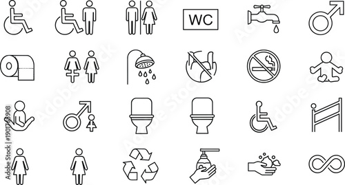 Vector line icon set of public restroom symbols including toilet, WC, disabled access, baby changing, shower, and hygiene signs.