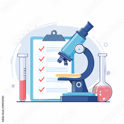 Flat illustration of a microscope, test tube, and checklist on a clipboard with a beaker, against a clean white background with a scientific and educational mood.