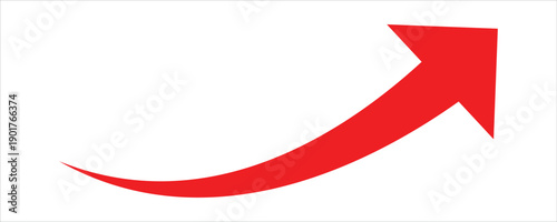 Long red curved arrow rising up concept of stock market business growth, increasing financial profit, business grow up trend sign. Curved arrow isolated on white background. Vector illustration.