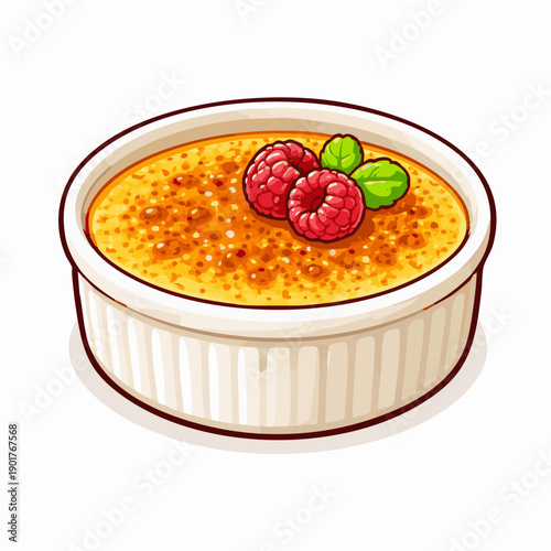 Crème Brûlée Flat vector illustration of crème brûlée, shallow ramekin with caramelized sugar top, simple flat vector design, warm pastel colors