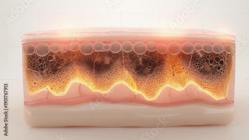 Detailed cross-section of human skin showing layers, dark impurities, and glowing energy or treatment effect with bubbles.
