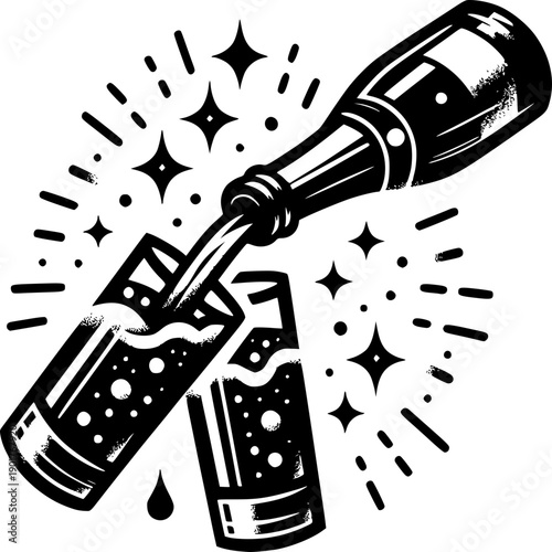 Bubbly Pour: A monochrome illustration captures the dynamic action of a bottle pouring effervescent liquid into two glasses, creating a visually stimulating composition.
