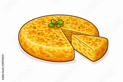 Tortilla Española Flat vector illustration of Spanish tortilla española, thick potato omelette with a slice cut out, minimal flat vector design, solid warm colors