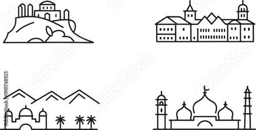 Abstract historical landmarks and city silhouettes outline icons set for architectural designs