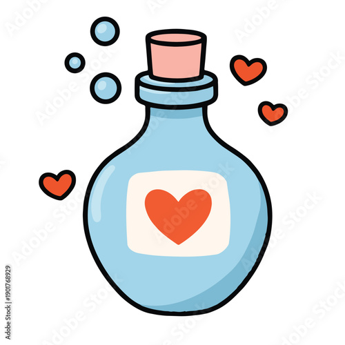 Love potion bottle with red heart, blue glass, bubbles, and floating hearts, cute cartoon style