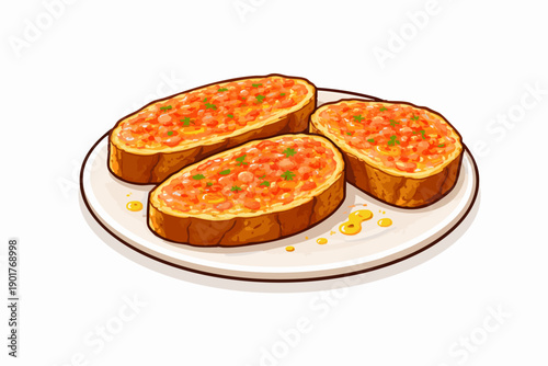 Pan con Tomate

Flat vector illustration of pan con tomate, toasted bread rubbed with tomato and olive oil, clean flat vector illustration, warm color palette