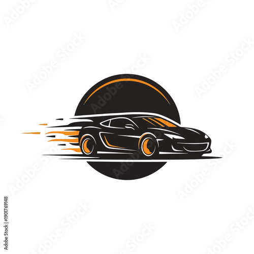 Dynamic sports car illustration featuring orange speed trails and a dark circular background. High-performance automotive vector graphic for racing team or car club identity.