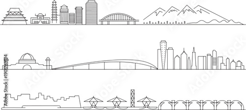 Architectural outline collection including oriental temples modern skyscrapers and mountain peaks