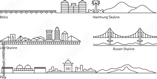 Asian and african city skylines in minimalist linear style including betio peja and hamhung set