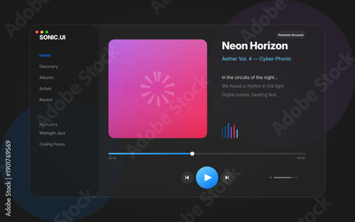 Sleek digital music application interface featuring glass morphism elements, neon gradient accents, playback controls, and playlist management for a futuristic audio streaming experience.
