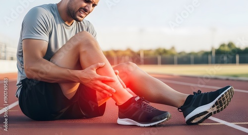 Male runner experiencing sudden leg cramp and muscle pain on track. Sports trauma and emergency first aid. Man sitting on ground clutching painful shin with distressed expression