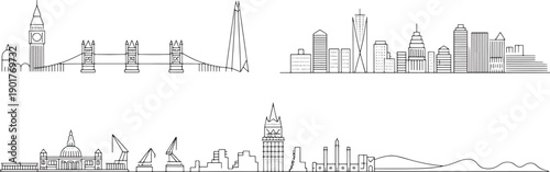 Collection of various international city skylines in thin line style vector art