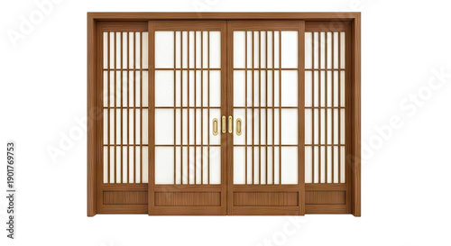 Traditional Japanese Shoji Doors with Wood Frame and Brass Handles