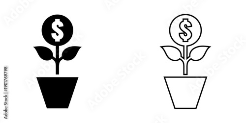 Investment money line glyphs icon vector for finance growth. Symbolizes plants on coins and ROI charts. Ideal for banking ads and savings apps.