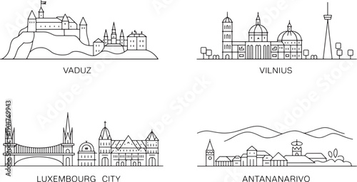 Minimal skyline of vaduz vilnius luxembourg city antananarivo outline vector graphics in black