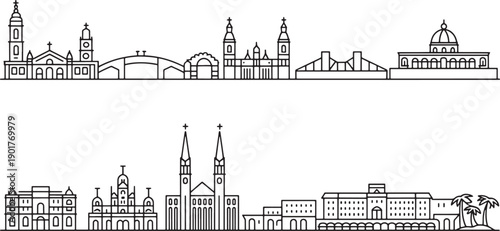 Minimalist skyline illustration bundle with bridges cathedrals and tropical palm tree accents