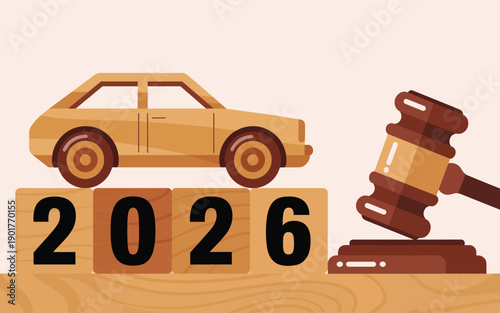 Toy car on wooden blocks displaying the year 2026 alongside a gavel on a wooden table viewed from the side