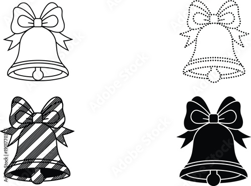 Christmas bell icon set illustration, black and white holiday jingle bells with bow, outline dotted silhouette vector design minimal festive collection