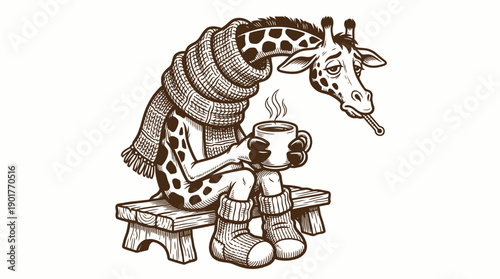 Sick Giraffe Woodcut Illustration with Thermometer, Scarf, and Hot Drink. Cute Anthropomorphic Animal Suffering from Cold or Flu.