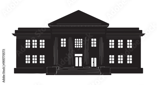 Classic building silhouette with neoclassical architecture in dark monochrome on white background for government institution