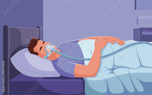 A man lying in bed with an oxygen mask on his face, resting in a calm bedroom environment, seen from a side viewpoint