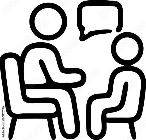 Two stick figures in chairs engage in conversation suitable for therapyrelated content, counseling services, mental health resources, and illustrations.