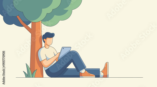 Digital Nomad Working Outdoors. Man Leaning on Tree Using Tablet for Remote Work, Study, or Relaxation. Flat Line Vector Illustration with Copy Space.