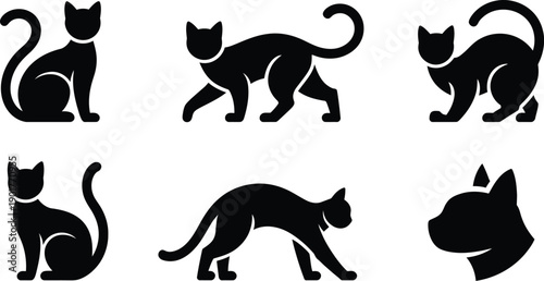 Graceful feline silhouette icon collection with elegant cat poses minimalist animal symbols modern vector illustration set design isolated background graphic