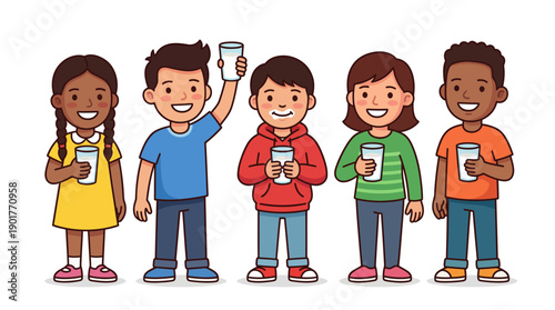 Happy Diverse Kids Drinking Milk. Cartoon Group of Smiling Children Holding Glasses of Dairy Drink. Childhood Nutrition and Health Vector Illustration.