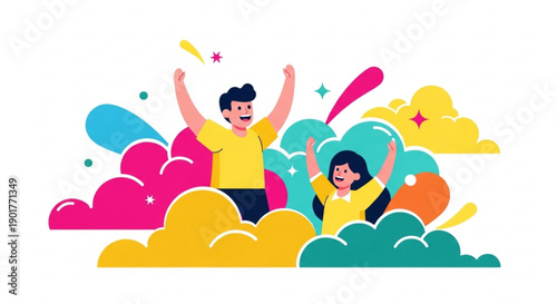Two happy people celebrating with arms raised amidst colorful clouds and stars conveying excitement and joy in a vibrant illustration