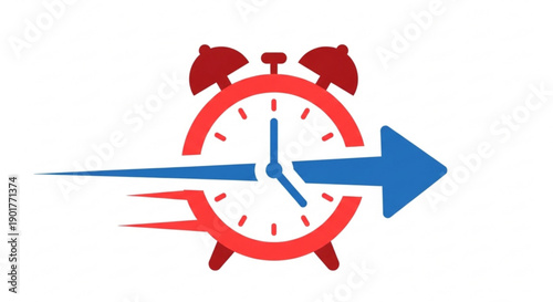 Red alarm clock with blue arrow speeding through time on white background symbolizing urgency and productivity