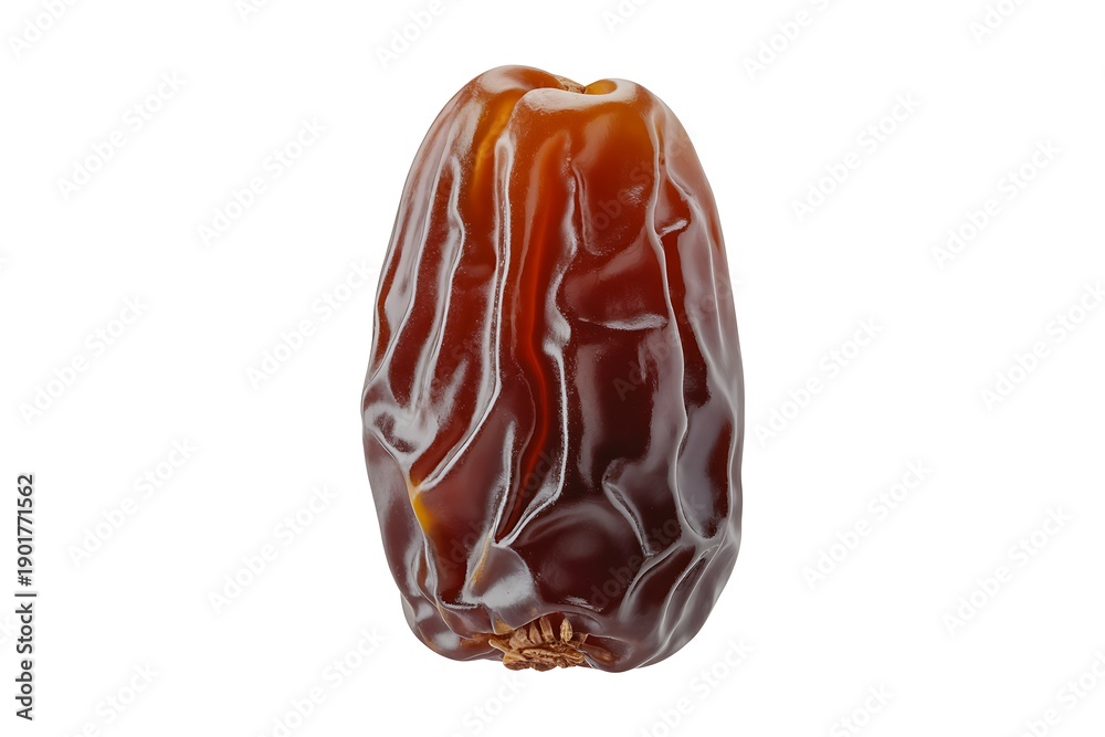 Obraz premium Single Dried Brown Date Fruit with Glossy Texture Against a Solid White Background