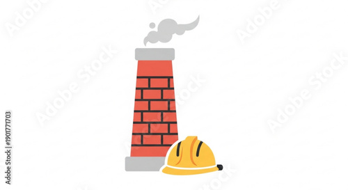 Industrial chimney with smoke and firefighter helmet symbolizing fire safety and prevention measures