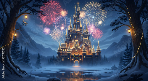 Magical winter castle illuminated by dazzling fireworks display under a starry night sky with snow covered trees and reflecting pond