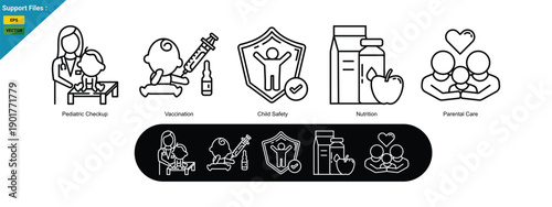 Child Care And Pediatric Medical Icons, Child Health, Safety, And Pediatric Care. outline icon set.
