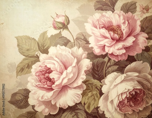 Vintage floral background with soft pink flowers on an aged paper texture. Elegant and romantic composition inspired by classic botanical illustrations and antique design.. generative image