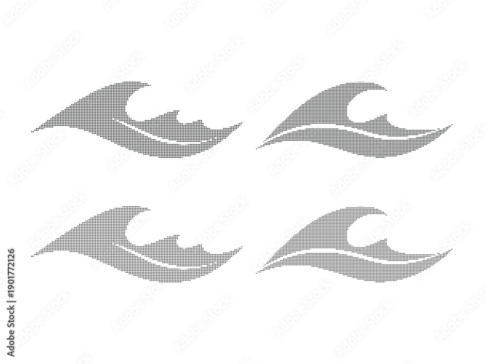 Obraz premium Vector set of four grey ocean waves, surf, water splash icons, isolated on white