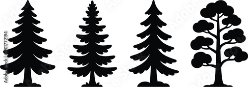 Woodland tree silhouette icon collection with fir spruce and cedar forest trees minimalist nature symbols isolated modern vector illustration set