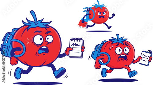 Cartoon illustration depicts several stressed red tomatoes wearing backpacks and frantically running while clutching small notepads indicating lateness for school or an important appointment.