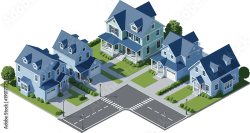Foto Isometric suburban neighborhood illustration, with modern family houses tree lin