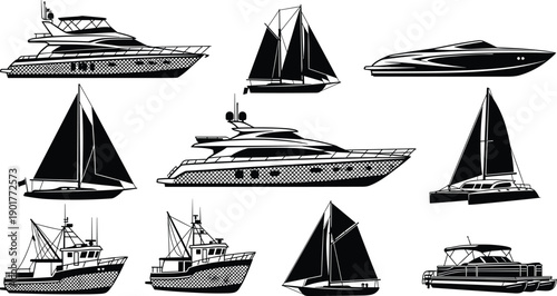 Luxury boats and yachts silhouette collection featuring sailboats, motor yachts, fishing vessels, speedboats, and catamarans in bold black vector illustration style