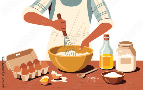 Chef preparing dessert in a bowl with ingredients on the table
