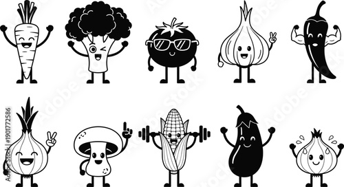 Funny cartoon vegetable characters set with carrot broccoli tomato onion chili mushroom corn eggplant garlic illustrations black white mascot vector design