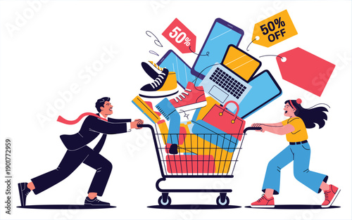 Man and woman running with shopping cart filled with products and discount tags from a sale event at a retail store