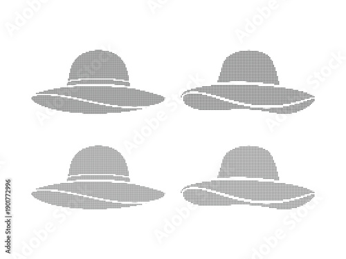 Four gray vector sun hats with wide brims, summer fashion accessory icon set, isolated on white