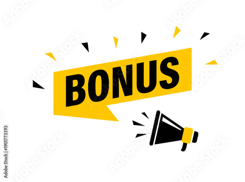 Bonus offer announcement speech bubble with megaphone and confetti burst, reward and extra value concept, special incentive graphic element, surprise gift notification