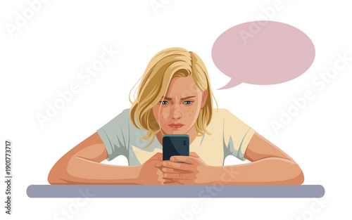 A young woman is looking at her mobile phone with a concerned expression while leaning on a surface