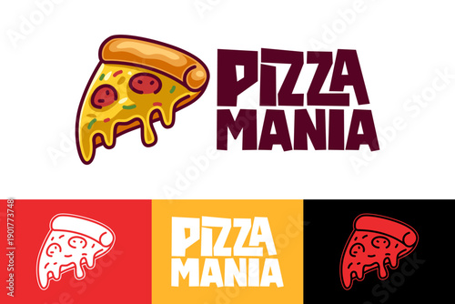 Pizza Slice Mascot with Melting Cheese Flat Cartoon. Italian Food Mania Illustration for Food Branding