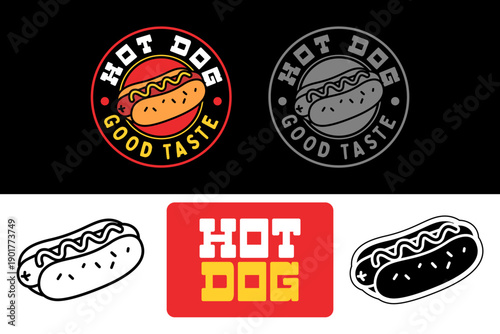 Hot Dog Badge Logo Flat Cartoon Style. Retro Badge for Fast Food Branding